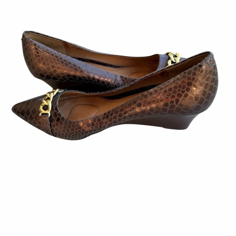 Soft Abbot Brown Leather Wedge with Snakeskin Print & Gold Chain Detail Size 11M